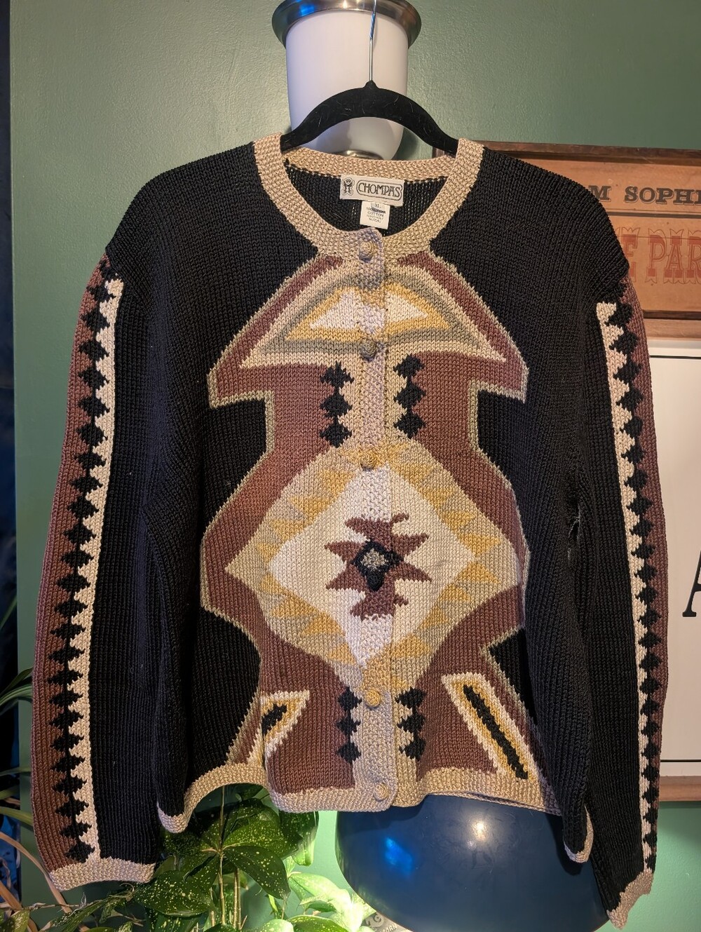 CHOMPAS Dazzler Indian Southwest Cardigan Sweater Hand-Knit Peru Brown Black